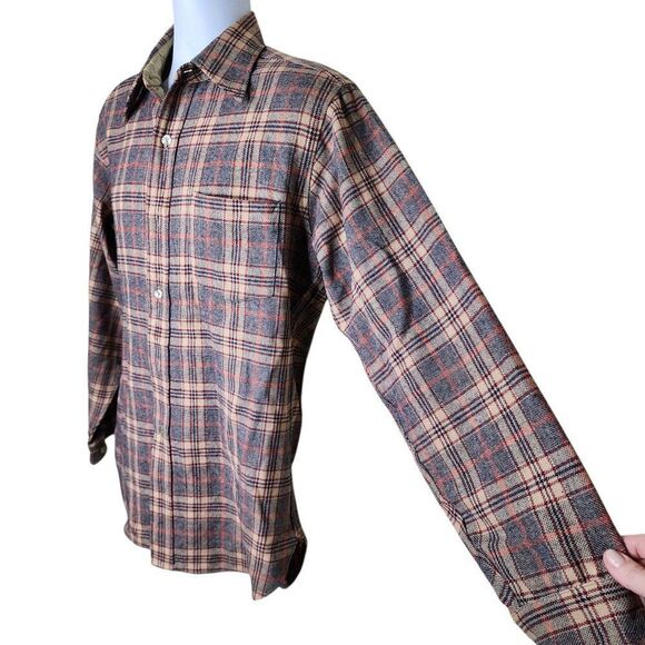Vintage 70s Pendleton Long Sleeve Wool Button Up Shirt Mens M Plaid Beige - Picture 3 of 7